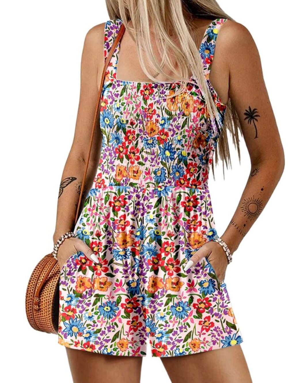Women's Summer Smocked Rompers Square Neck Loose Shorts Jumpsuits